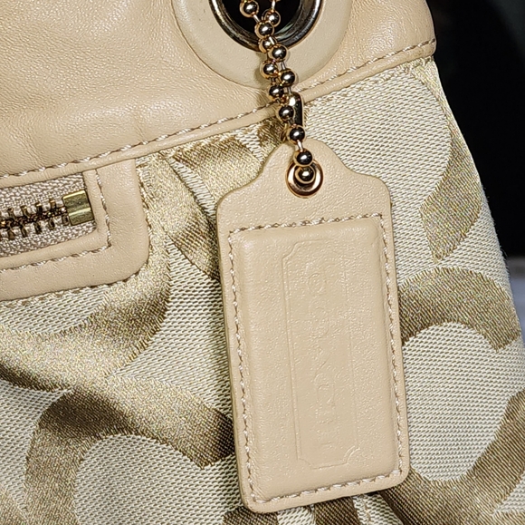 Vintage COACH 13420 Op Art Signature Beige Canvas & Leather Shoulder Bag 12"X12" - Picture 4 of 10